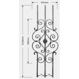 Panneau décoratif en volutes préassemblées avec rosace – acier forgé 1150x425 mm