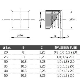 Embout tube carré chromé avec patin fin – Finition mate ou brillante