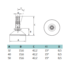 PIED VÉRIN NIVELEUR AVEC ROTULE À EMBOITEMENT M10 – BASE 32/40/50 MM – PEHD NOIR