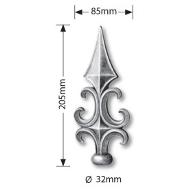 Fer de lance acier moulé – Ø32 mm, 205 mm de haut, pour barreau rond