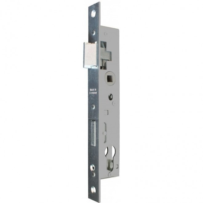 Serrure acier galvanisé, pêne réversible gauche/droite, carré 8 mm, compatible cylindres européens.