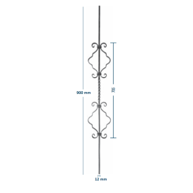 Barreau décoratif acier torsadé 4 volutes – Carré 12 mm, 950x170 mm