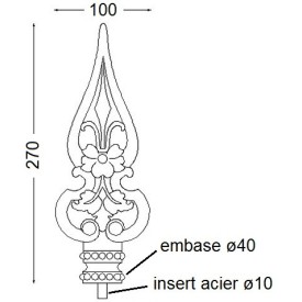Fer de lance en fonte, 270x100 mm, avec insert acier soudable, idéal pour portails et grilles.