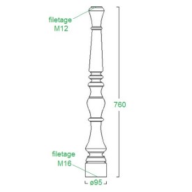 Poteau de départ en acier tourné, H760 mm, base rentrante Ø95 mm, filetage M16 et M12, idéal pour rampes d'escaliers.