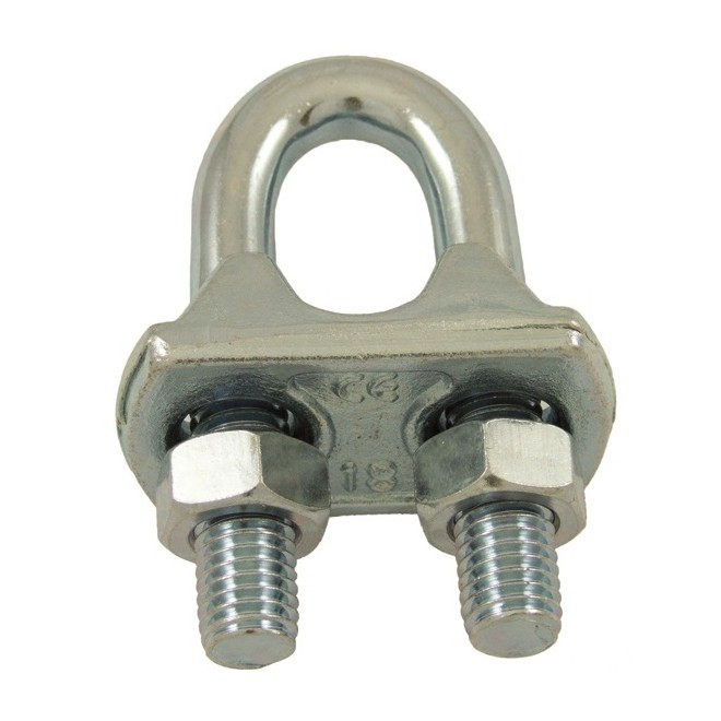 Serre-câble étrier CE, acier zingué blanc, pour câbles Ø2-3 à Ø29-32 mm, haute résistance.