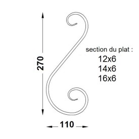 Volute en S asymétrique forgée 270x110 mm – finition queue de carpe double face