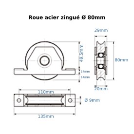 ROUE U SUPPORT ZINGUÉ OU INOX PORTAIL COULISSANT M0443