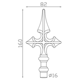 Fer de lance acier forgé – forme croix, embase Ø16 mm pour barreaux ronds