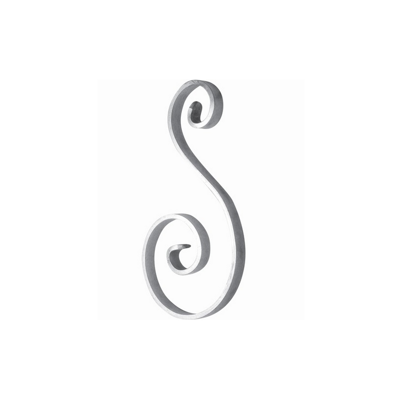 Volute en S asymétrique en aluminium, finition queue de carpe, 225x115 mm, fixation par vissage, collage ou soudure.