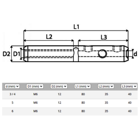 Tendeur pince câble inox 316 – câble Ø3 à Ø6 mm – pas M6 droit ou gauche