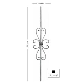 Barreau décoré en fer avec volutes forgées et collier – Carré 12/14 mm, largeur 225 mm