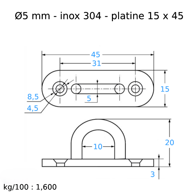 PONTET SUR PLATINE OBLONG EMBOUTI ET SOUDÉ - INOX A2