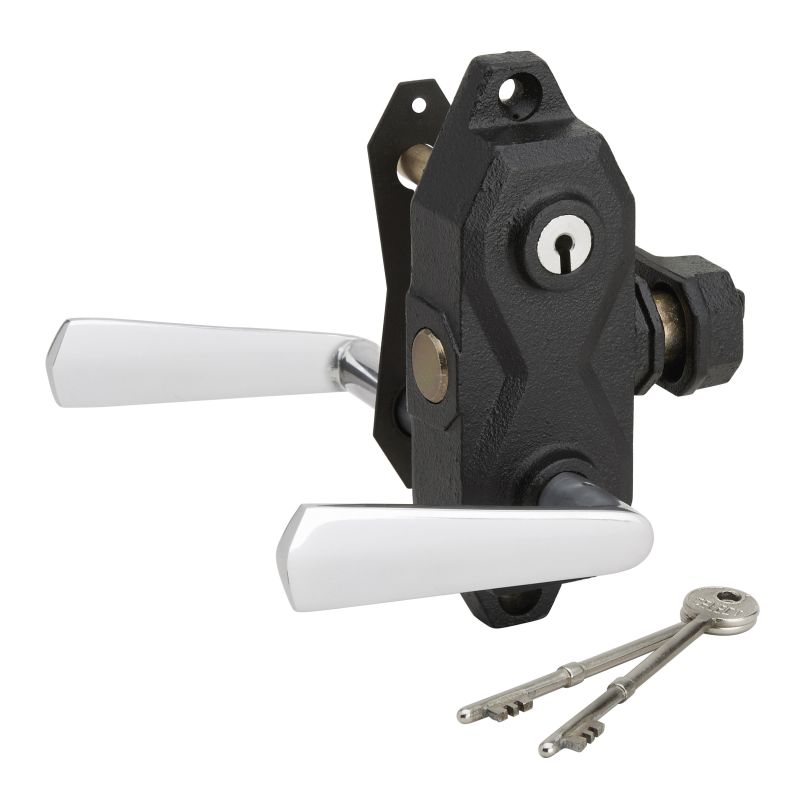 Serrure de devanture 6 gorges en fonte noire grainée avec béquille