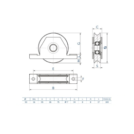 Roue à gorge U Ø50 en acier avec bandage polyamide pour rail Ø16