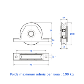 ROUE GORGE U Ø80 SUPPORT INTÉRIEUR ANTI-PINCEMENT ACIER M9448