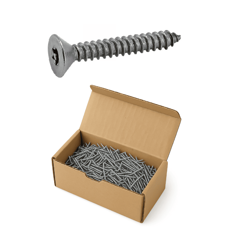 BOÎTE DE VIS À TÔLE TÊTE FRAISÉE SIX LOBES INVIOLABLE AVEC TÉTON CENTRAL INOX A2 – DIN 7982