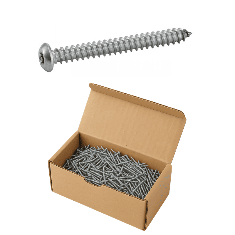 Boîte de vis à tôle tête bombée six lobes inviolables avec téton – Inox A2 ISO 7380