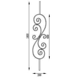 Barreau forgé décoratif avec volutes symétriques en acier grenaillé