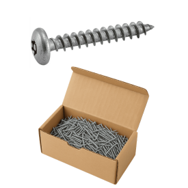 BOÎTE DE VIS À BOIS TÊTE CYLINDRIQUE LARGE SIX LOBES INVIOLABLE AVEC TÉTON CENTRAL INOX A2 – POUR PENTURES