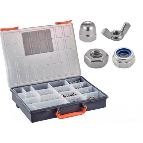 Coffret 1140 écrous inox A2/A4 – hexagonaux, freinés, borgnes et papillon