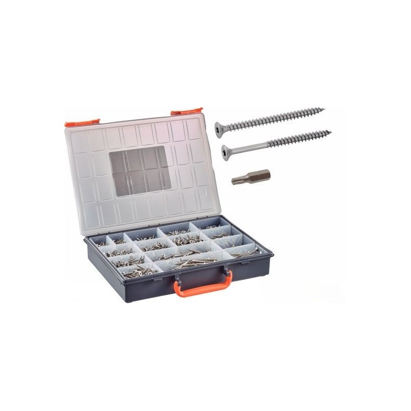 Coffret 1666 vis bois inox A2 six lobes + embouts – fixation bois aggloméré