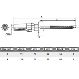 Terminaison filetage bois à sertissage manuel inox A4 pour câble