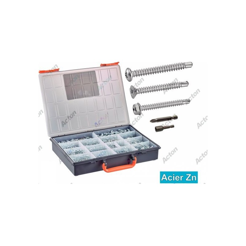 Coffret 1780 vis autoperceuses zinguées TC, TF, TH + embouts – acier blanc