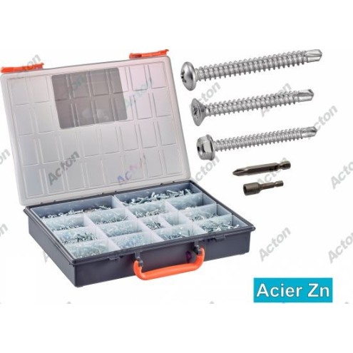 Coffret 1780 vis autoperceuses zinguées TC, TF, TH + embouts – acier blanc
