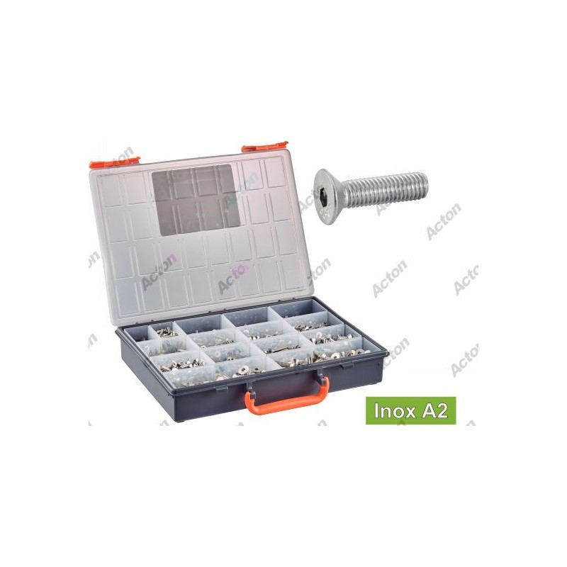 COFFRET VIS MÉTAL TÊTE FRAISÉE SIX PANS CREUX INOX A2/A4 – 1240 PIÈCES