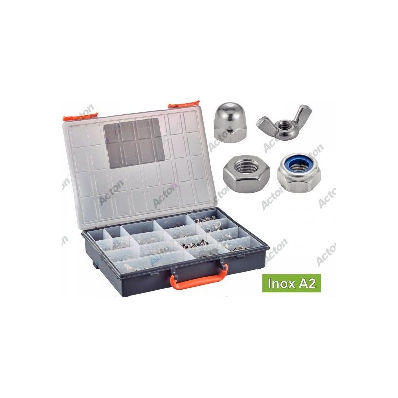 COFFRET ÉCROUS INOX A2/A4 HEXAGONAUX, FREINÉS, BORGNES ET PAPILLON – 1140 PIÈCES