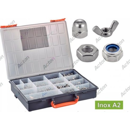 COFFRET ÉCROUS INOX A2/A4 HEXAGONAUX, FREINÉS, BORGNES ET PAPILLON – 1140 PIÈCES