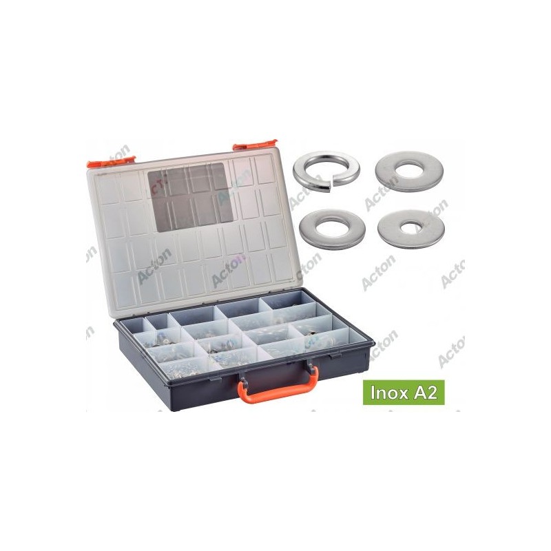 COFFRET RONDELLES INOX A2/A4 PLATES M/L/LL ET ÉLASTIQUES GROWER – 1530 PIÈCES
