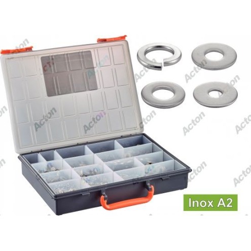 COFFRET RONDELLES INOX A2/A4 PLATES M/L/LL ET ÉLASTIQUES GROWER – 1530 PIÈCES