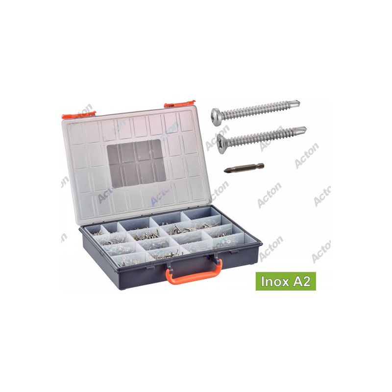 COFFRET VIS AUTOPERCEUSES INOX A2 TÊTE CYLINDRIQUE & FRAISÉE POZIDRIVE + EMBOUTS – 1564 PIÈCES