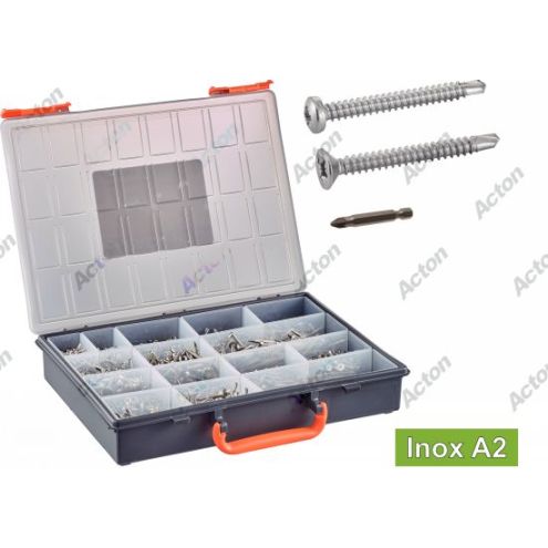 COFFRET VIS AUTOPERCEUSES INOX A2 TÊTE CYLINDRIQUE & FRAISÉE POZIDRIVE + EMBOUTS – 1564 PIÈCES
