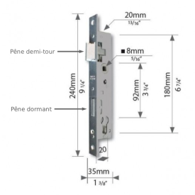 Serrure acier galvanisé, pêne réversible gauche/droite, carré 8 mm, compatible cylindres européens.