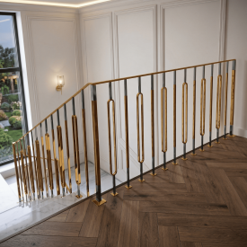 RAMPE D'ESCALIER ART-DÉCO INOX ET LAITON AVEC ÉLÉMENTS PVD - EMBOUTS EN FER