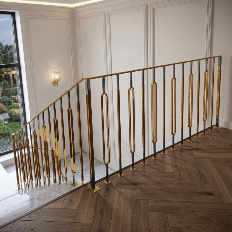 RAMPE D'ESCALIER ART-DÉCO INOX ET LAITON AVEC ÉLÉMENTS PVD - EMBOUTS EN FER