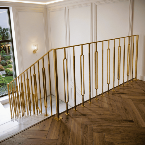 RAMPE D'ESCALIER ART-DÉCO EN INOX ET LAITON
