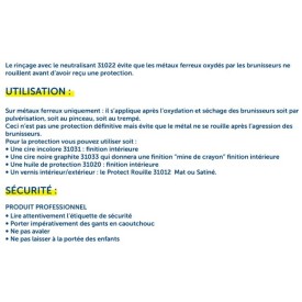 Neutralisant pour brunisseur de métaux ferreux, 1 L, application pinceau ou pulvérisateur, protection anti-rouille.