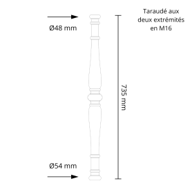 Poteau fer tourné 735 mm – Nœud central – Filetage M16 – Collection Harmonie