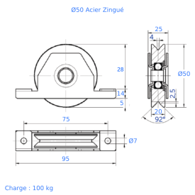 ROUE V SUPPORT ZINGUÉ OU INOX PORTAIL COULISSANT M0440