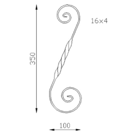 Volute décorative en S en acier avec partie centrale torsadée pour ferronnerie d'art.