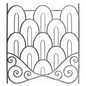 Panneau décoratif en acier forgé avec motifs d'arches imbriquées et volutes de base pour garde-corps.