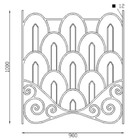 Panneau décoratif en acier forgé avec motifs d'arches imbriquées et volutes de base pour garde-corps.