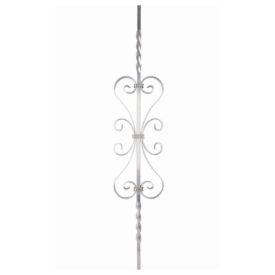 Barreau décoratif en aluminium avec torsades et motif central composé de 4 volutes assemblées par bagues.