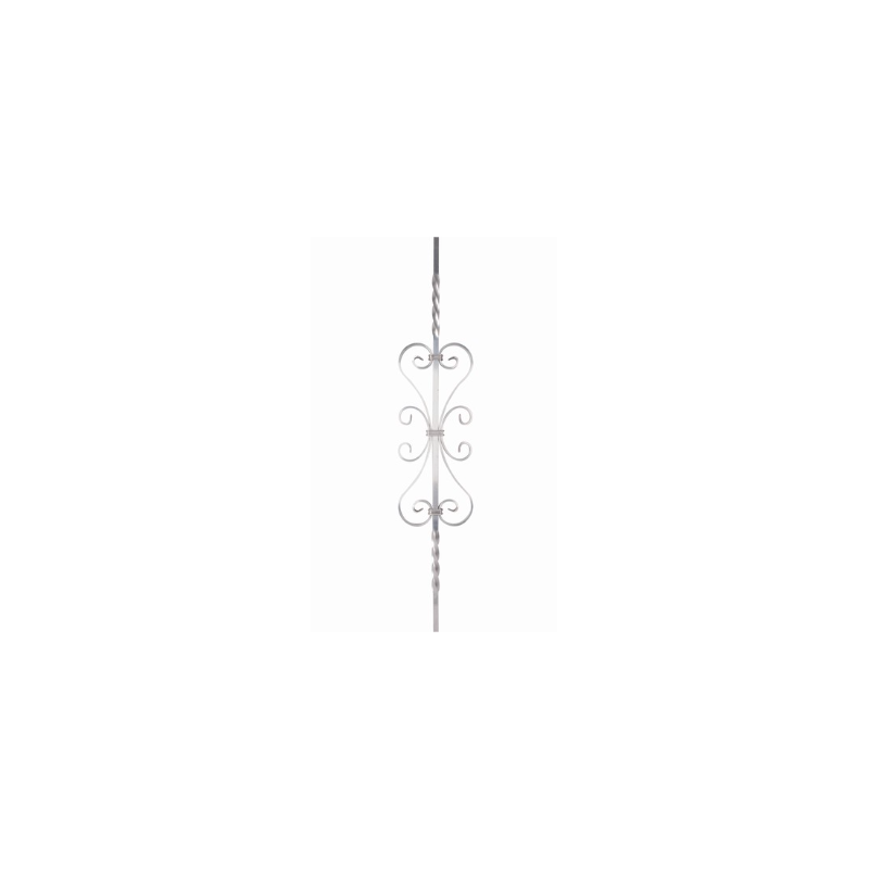 Barreau décoratif en aluminium avec torsades et motif central composé de 4 volutes assemblées par bagues.