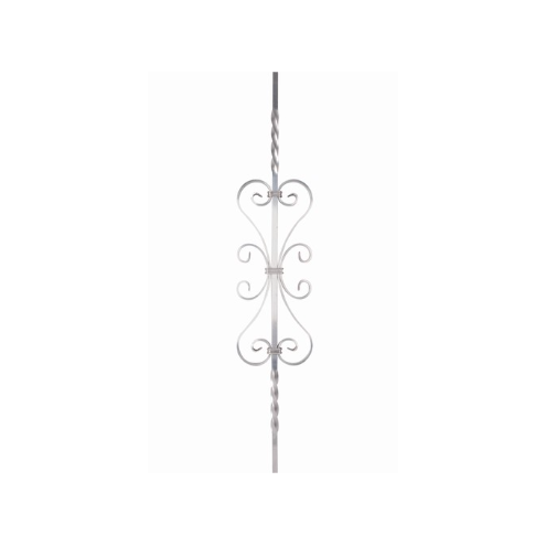 Barreau décoratif en aluminium avec torsades et motif central composé de 4 volutes assemblées par bagues.