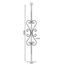 Barreau décoratif en aluminium avec torsades et motif central composé de 4 volutes assemblées par bagues.