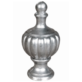 Ornement décoratif central en aluminium brut en forme d'olive avec base circulaire taraudée M10.